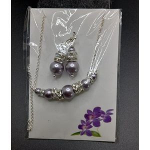 NWT Alex Andreas Lavender Pearl‎ Rhinestone Necklace Dangle Earrings Silver Tone